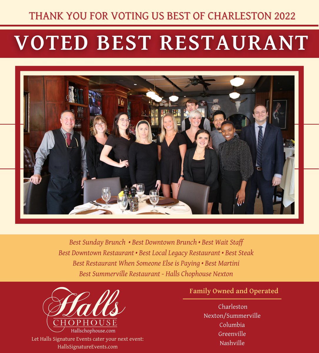 hallschophouse's tweet photo. It's official... thank you for another year of amazing wins for Charleston City Paper's Best of Charleston. This would not be possible without our beloved patrons and beyond phenomenal staff. We are so incredibly grateful for your love and support! https://t.co/gchNXwCDid