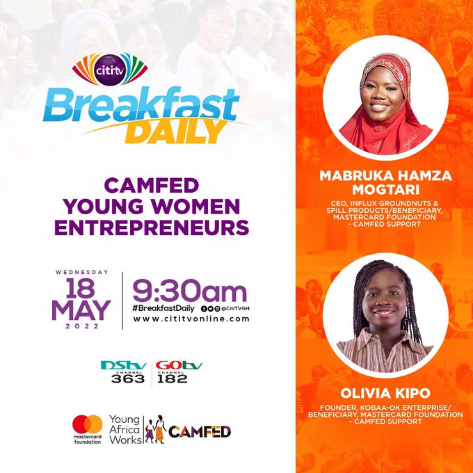 AIFERFundation's tweet photo. Tune in to Citi TV tomorrow for another exciting edition of the CAMFED Young Women Entrepreneurs programme featuring Mabruka Hamza Mogtari and Olivia Kipo as they discuss support received, their businesses and community give-back projects.

#womeninbusiness #YoungAfricaWorks https://t.co/70hjlRfkgV