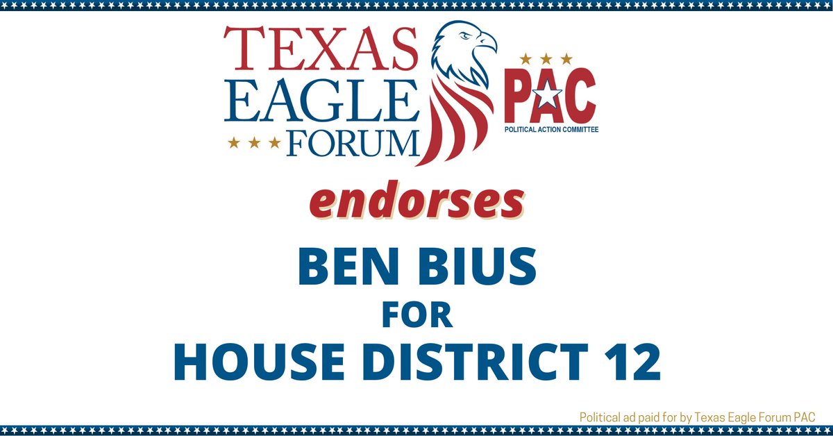 BenBiusTX's tweet photo. "The Texas Eagle Forum PAC is excited to endorse Ben Bius as the true conservative in the race for House District 12. Ben will be a strong warrior for so many of the issues we care about to help protect and strengthen families in Texas."
-Cindi Castilla
 TX Eagle Forum President https://t.co/6Jqa5L3b9A