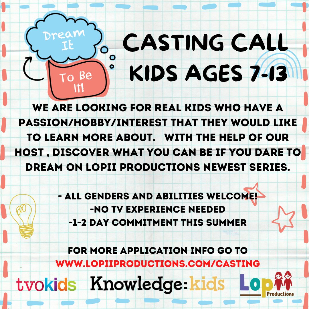 lopii_prod's tweet photo. DELIGHTED to announce a new original series from our broadcast partners #tvokids and #knowledgekids and with support from our friends at @HBKidsHospital 
⁠We are launching our #castingcall to meet your kids to share their #dreams and hopes with us! 

#applytoday #canadacasting https://t.co/7Hba3RNZ4Y