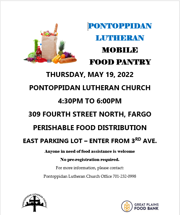 NDFoodBank's tweet photo. There will be a mobile food pantry happening Thursday at Pontoppidan Lutheran Church in Fargo. All in need of food assistance are welcome. #greatplainsfoodbank #HeartsSolveHunger. https://t.co/3wb3g1Xkwq