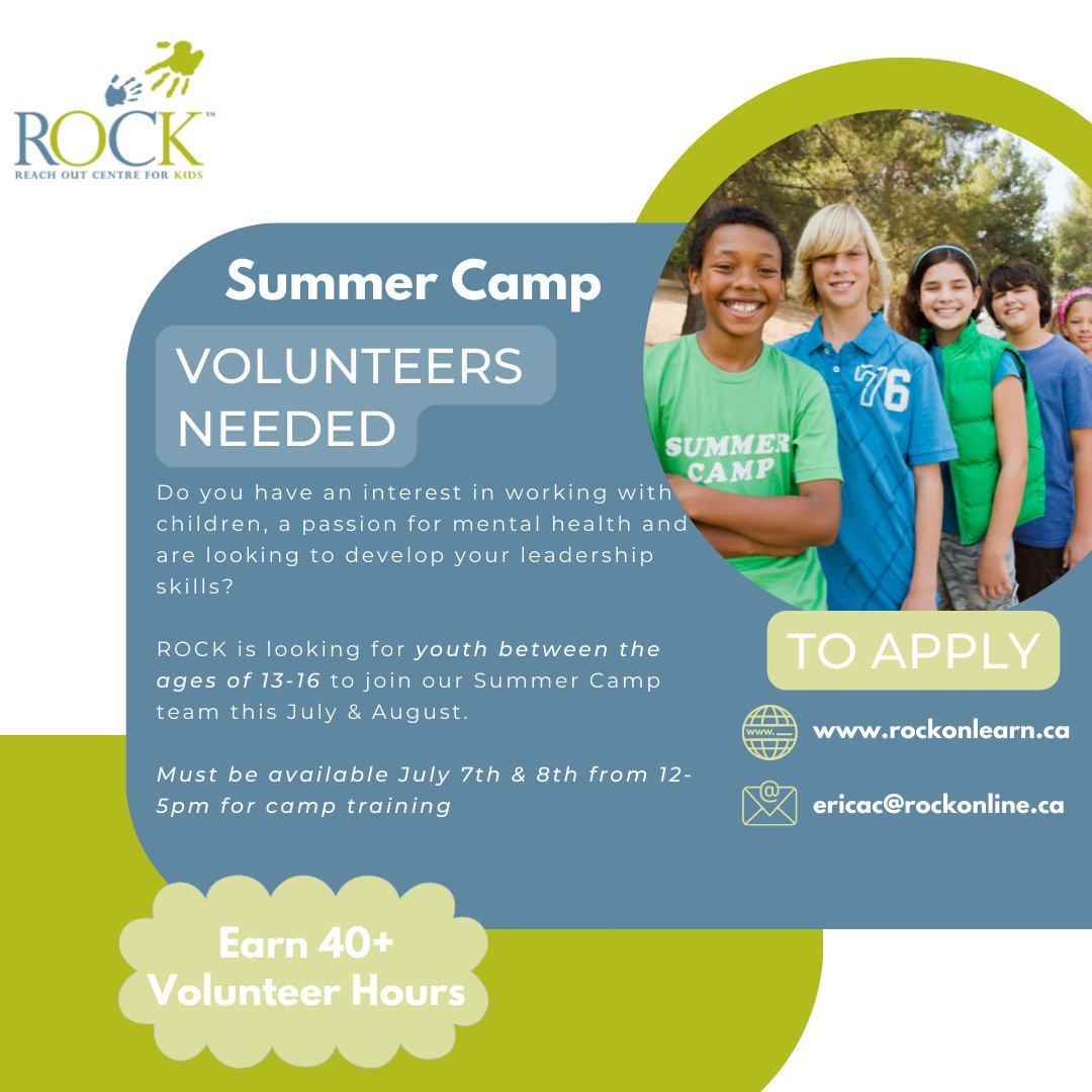 Looking to earn your 40 volunteer hours this summer? Between the ages of 13-16? Have an interest in working with children? ROCK is looking for youth interested in joining our Summer Camp team as a Leader in Training this Summer. Apply below!! 
rockonlearn.ca/volunteering-w…