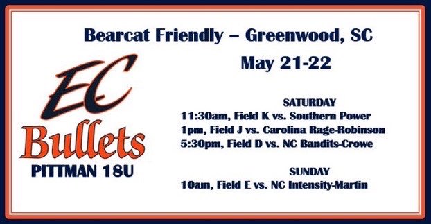 This weekend will be our first Showcase of the 2022 season.  EC Bullets - Pittman 18u will be at the Bearcat Friendly in Greenwood, SC.  I hope to see you there!