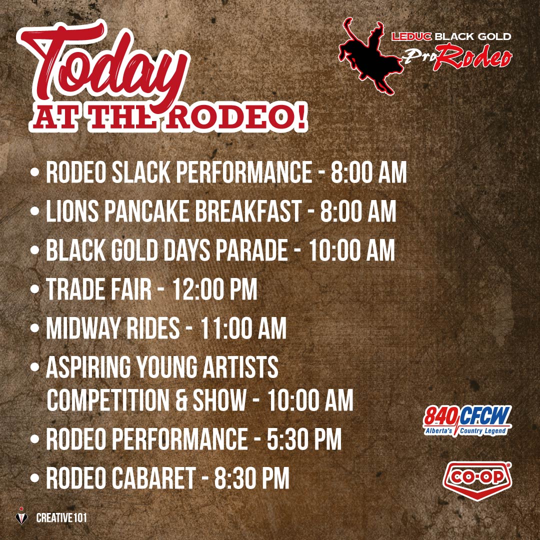 Pancakes, Parade and Performances... OH MY! 🤣 Lots to do and see today! Spend your day with us! 🤠👍

#LeducBlackGoldRodeo #LeducRodeo #SupportLeduc #ThingsToDoInLeduc #LeducBlackGoldRodeoEvents #LeducBlackGoldRodeo2022 #LeducEvents