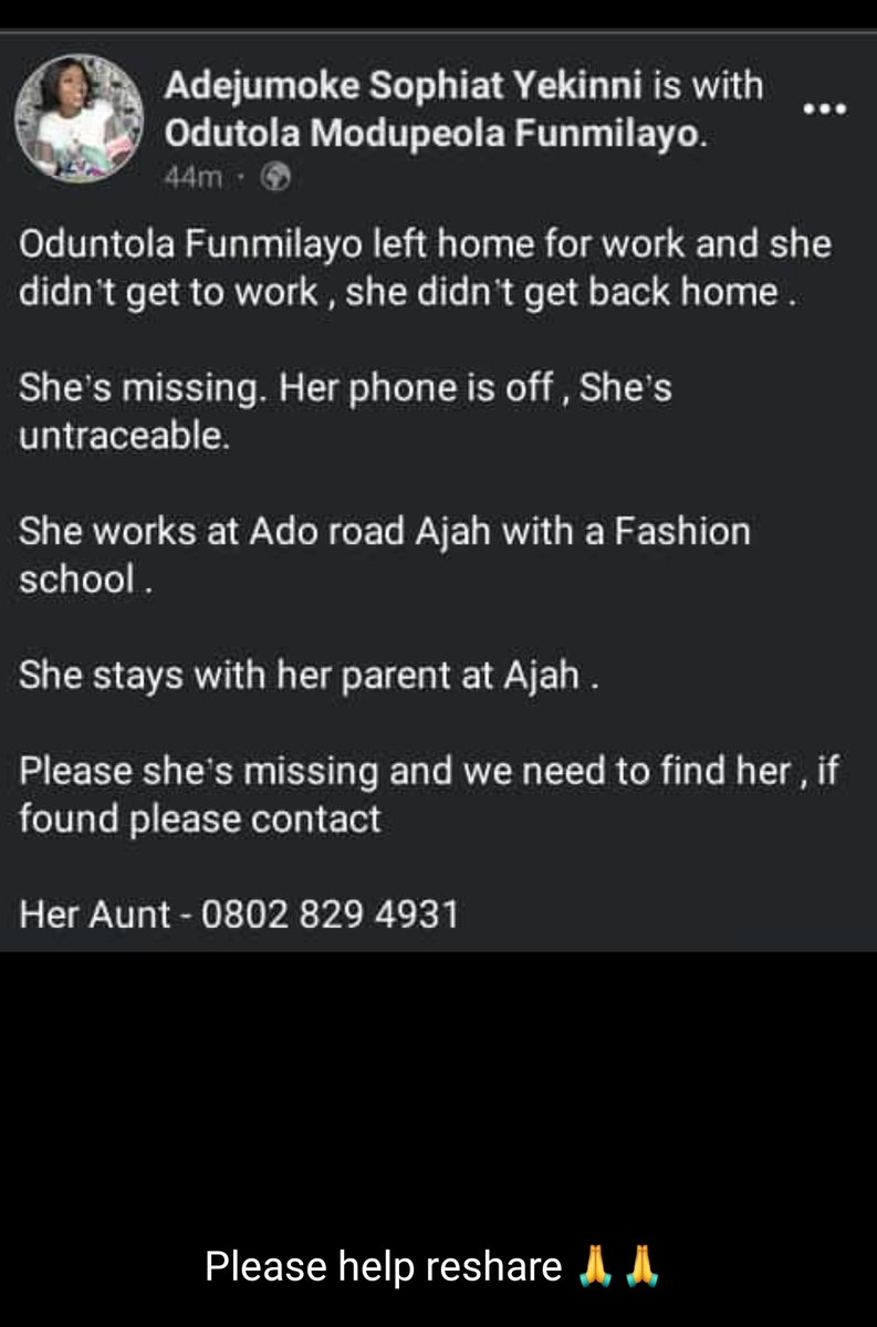 mistlizzy01's tweet photo. Seeing this news has worsened my health,this is someone I'm acquainted with 😭😭, she's missing..this country is a mess.
Please help share and repost. I take God beg Una🙏🙏
@Naija_PR @bellanaija @mrmacaroni 
@aproko_doctor @Ndibe_Emmanuel @RasheedTorriera https://t.co/hqDFbbDAS8
