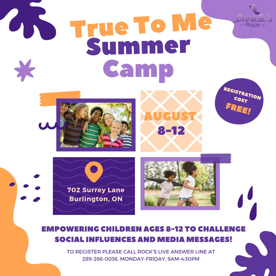 🌞FREE Summer Camps for children ages 8-12!🌞 Our Be YOU summer camp is offered for female-identifying children &amp; True Me is offered for all genders! To register for one of the following camps please call ROCK's  Live Answer Line 289-266-0036 Mon-Fri 9am-4:30pm