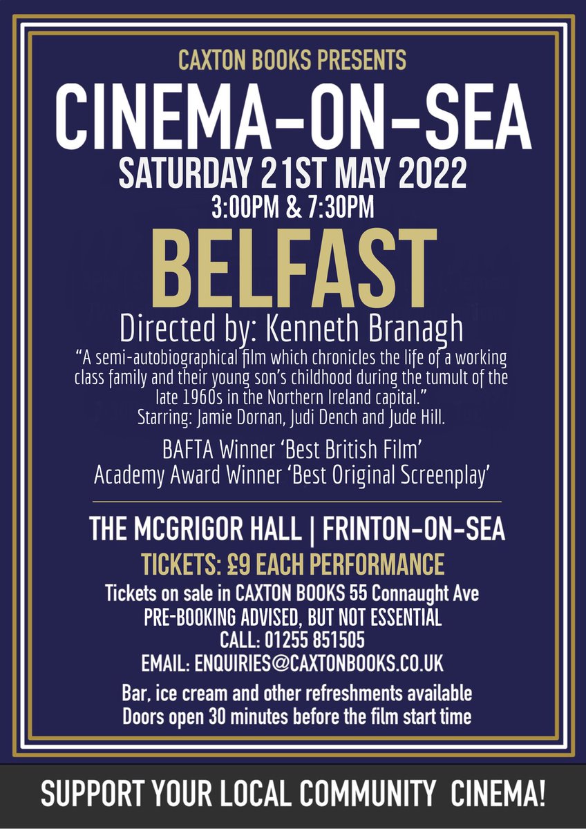 caxtonbooks's tweet photo. Two events this week! The Frinton Literary Festival Quiz Night on May 20th, and the Cinema-on-sea showing of Kenneth Branagh’s ‘Belfast’ on May 21st! Come and join in, we look forward to seeing you there. https://t.co/viClFtWoAE