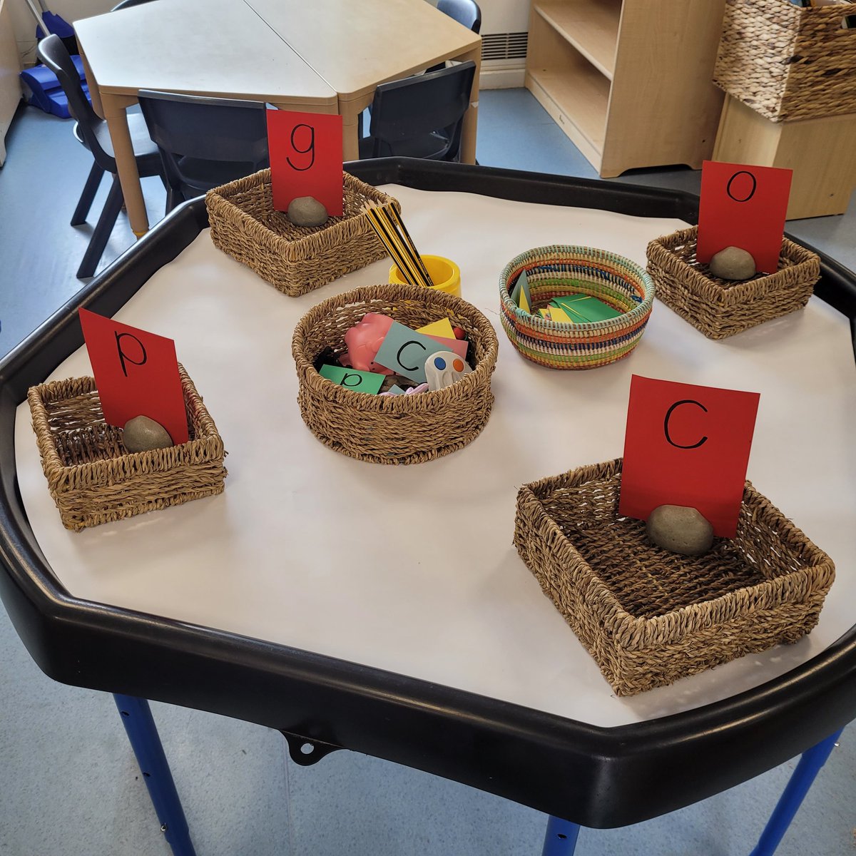 MissWilson9's tweet photo. The children in nursery loved using our phonics tuff tray set up today. We were sorting sound cards and objects by initial sounds as well as having a go at writing the sounds. #cravenwoodeyfs #eyfs #earlyreading https://t.co/ygyFm26jQh