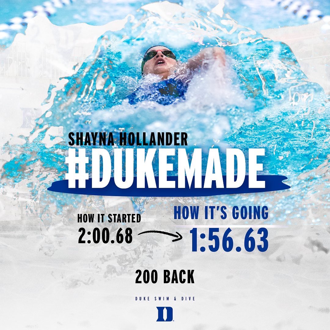 DukeSWIMDIVE's tweet photo. Senior Shayna Hollander ranks 5th in the Duke record books in the 200 back, 4th in the 100 back and 7th in the 100 free. Congratulations on all your success, Shaynaπ€©
#DukeMade π https://t.co/RkTBa0ThmB
