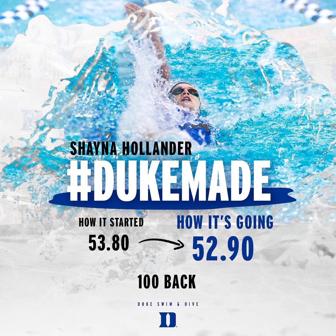 DukeSWIMDIVE's tweet photo. Senior Shayna Hollander ranks 5th in the Duke record books in the 200 back, 4th in the 100 back and 7th in the 100 free. Congratulations on all your success, Shaynaπ€©
#DukeMade π https://t.co/RkTBa0ThmB