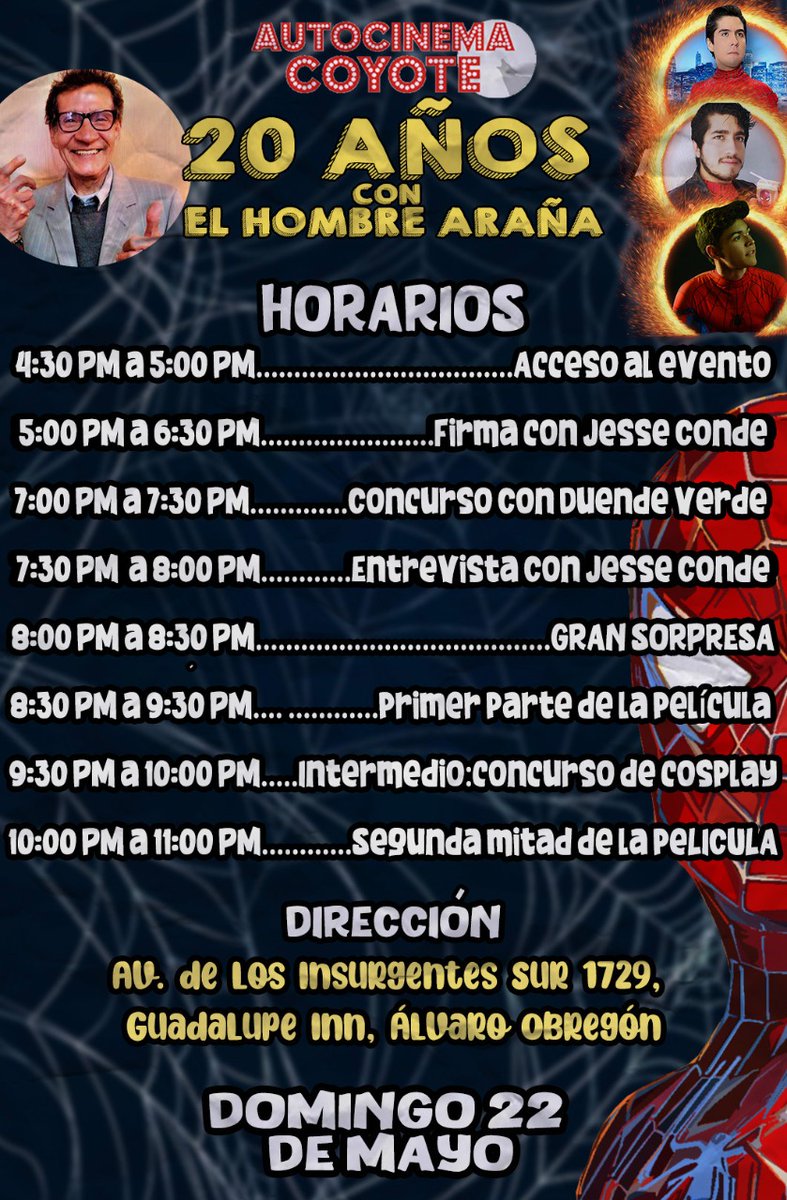 AutocinemaC's tweet photo. ‼️El universo arácnido esta de regreso; celebramos 20 años con el Hombre Araña 🕷🕸

Disfruta de #SpiderMan (2002) este Domingo 22 en #AutocinemaCoyote , tendremos firma de autógrafos con #JesseConde y muchas sorpresas más🤩🍿

Corre por tus boletos aquí👉🏻https://t.co/b7F6UJlWAq https://t.co/W87liuDoJo