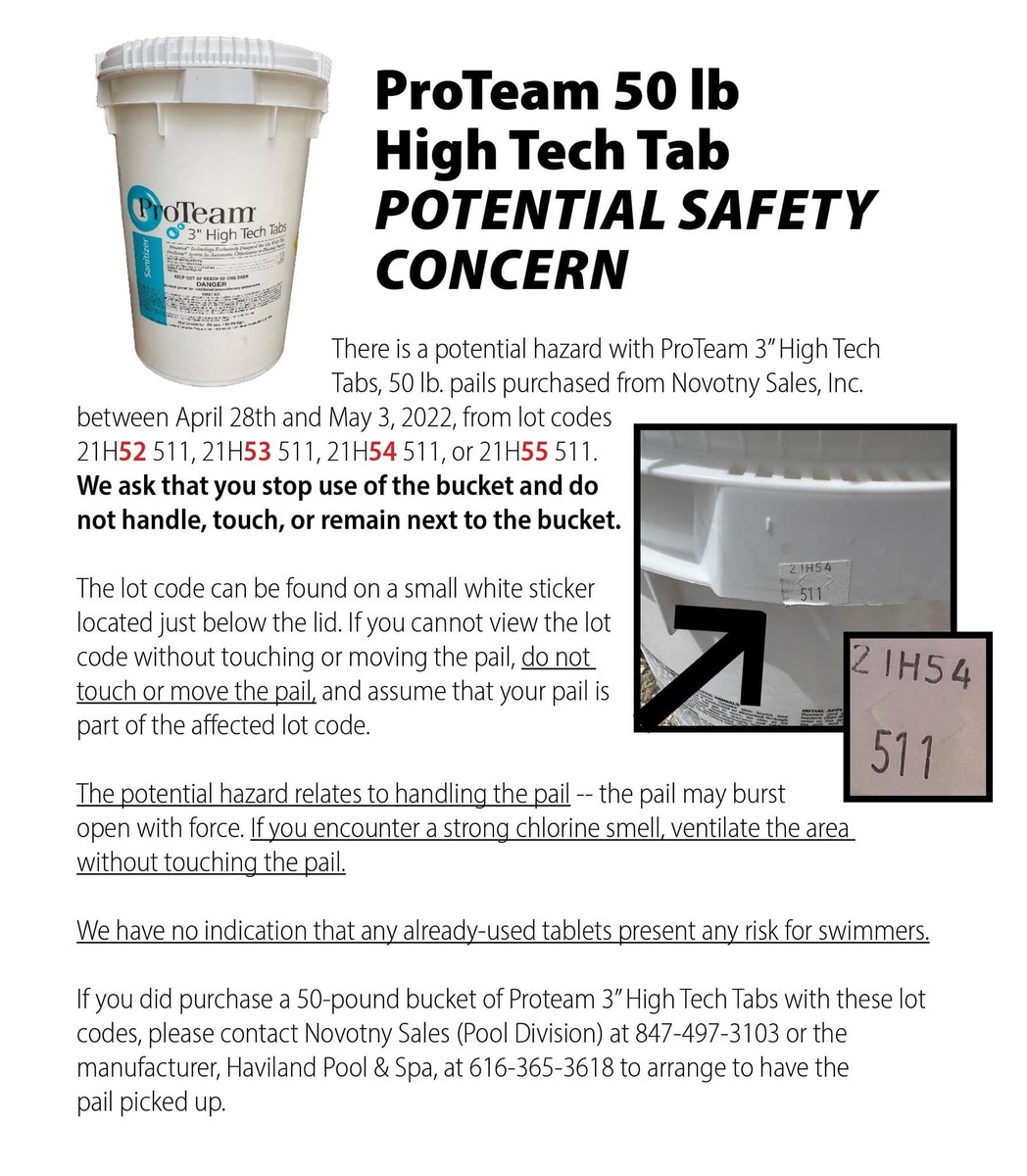 Johnsburg_IL's tweet photo. IMPORTANT ANNOUNCEMENT
If you have purchased a Proteam 50 lb bucket of pool chlorine within the lot numbers listed below, please contact Haviland Pool &amp; Spa at 616-365-3618 to arrange to have your pail picked up.  (cont. next tweet) https://t.co/VrGMJpEleJ