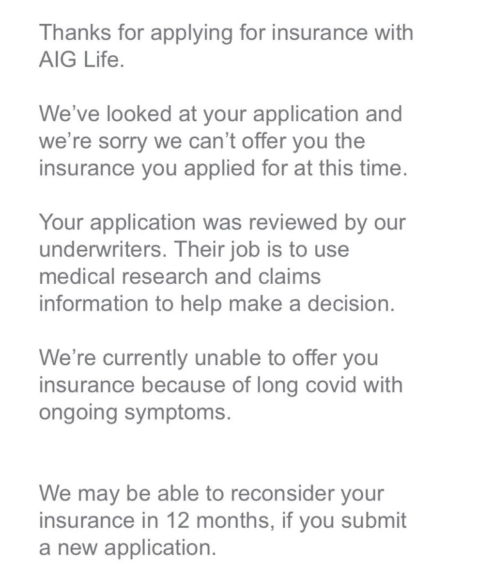 DrEricDing's tweet photo. I don’t know who needs to hear this — but if your life insurance *DENIES YOU COVERAGE* because of #LongCovid, it’s only a matter of time before companies *deny you employment / don’t hire you* because of your long term #COVID19 illness. Don’t say you weren’t warned. 

HT @Myrmec https://t.co/CGR58k12zB