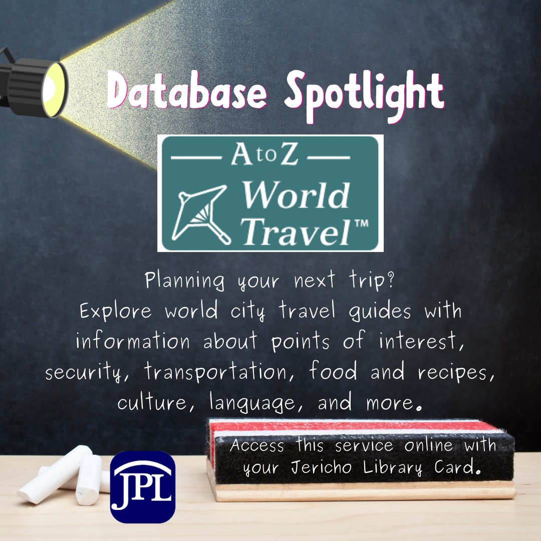 Jericho_library's tweet photo. Each week we are showcasing one of our databases available to Jericho Cardholders. Explore what this week's is....
https://t.co/sDi9qTEcEY
#JerichoLibrary #JerichoPublicLibrary #JPLDatabases #Travel https://t.co/jGgySeSyra
