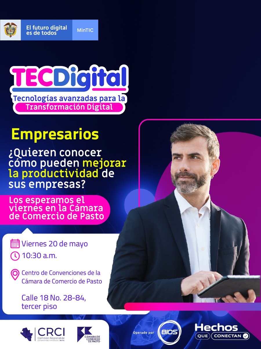 TalentoDigCol's tweet photo. El @Ministerio_TIC, @BIOS_CO y la @camarapasto se unen para presentarles #TECDigital, el servicio que los empresarios del país estaban esperando para poder implementar #TecnologíasAvanzadas en sus procesos y mejorar su productividad ¡No se lo pierdan! https://t.co/F4umERG1cs