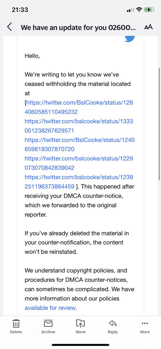 BSLCooke1's tweet photo. @Twitter  I’ve tried to email about my other account @bslcooke as it’s been suspended due to copyright. I have emailed a million times. I have submitted all the appeals and they were not contested and therefore don’t know why it’s been suspended. Can a real person please help? https://t.co/hnzEKk2qEY