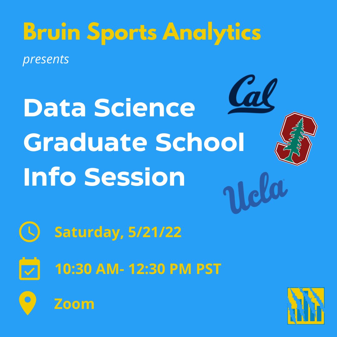 Join Bruin Sports Analytics this Saturday as we host a Data Science Grad School Info Session! Our president, Ethan Allavarpu, will be studying data science at Stanford and will be sharing general tips and information to help with getting into grad school. Join us this weekend!