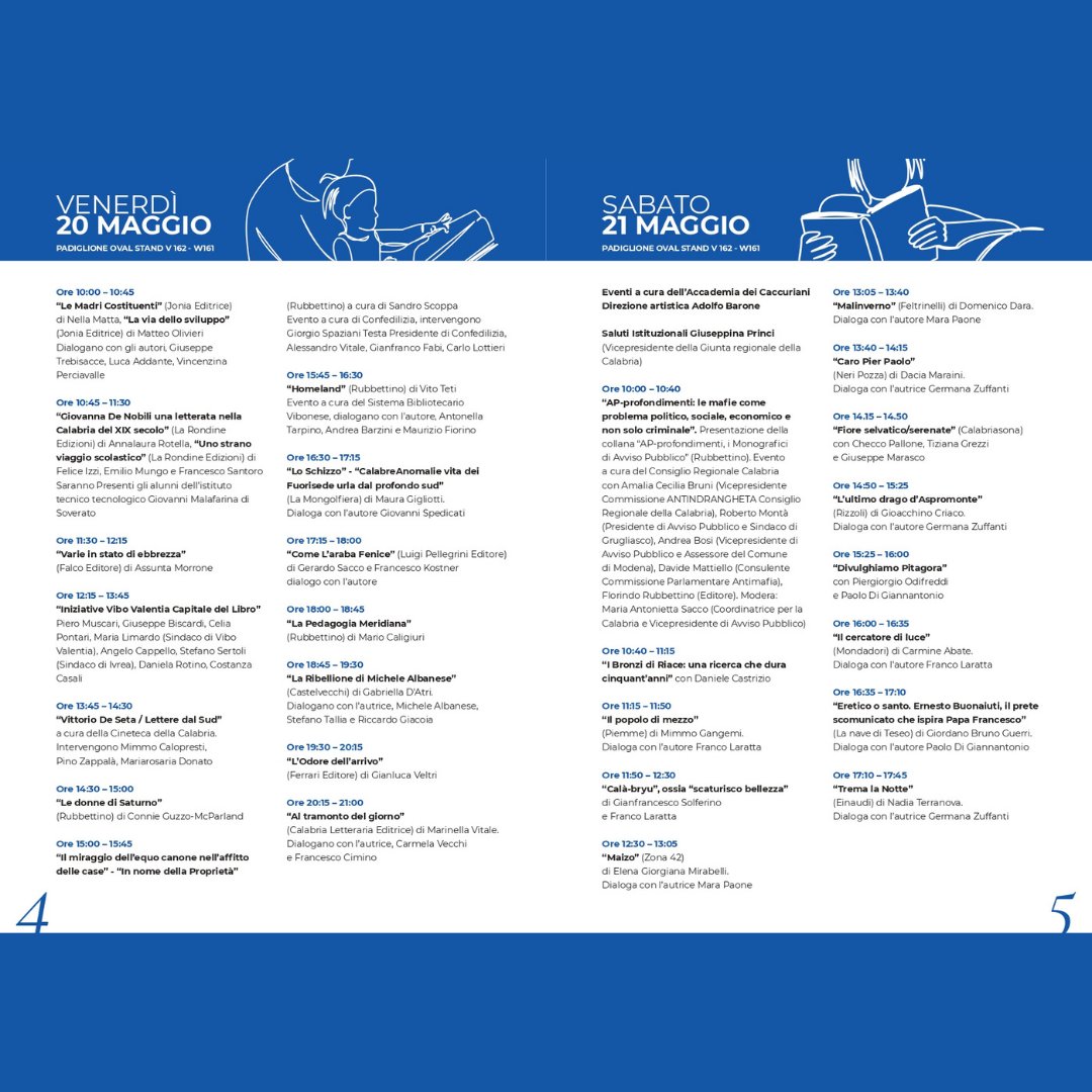 ADeiCaccuriani's tweet photo. Siamo lieti di condividere il programma che si svolgerà al prossimo #saloneinternazionaledellibrodiTorino.
Vi aspettiamo nelle giornate del 21 e 23 Maggio a Torino! 
#Premiocaccuri2022 #XIedizione #cultura #libri #salonedellibro #Torino #50anniversario #scopertabronzidiriace https://t.co/PQm0IA7MFP