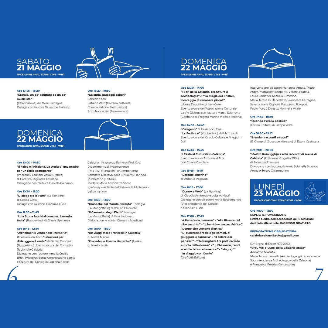 ADeiCaccuriani's tweet photo. Siamo lieti di condividere il programma che si svolgerà al prossimo #saloneinternazionaledellibrodiTorino.
Vi aspettiamo nelle giornate del 21 e 23 Maggio a Torino! 
#Premiocaccuri2022 #XIedizione #cultura #libri #salonedellibro #Torino #50anniversario #scopertabronzidiriace https://t.co/PQm0IA7MFP