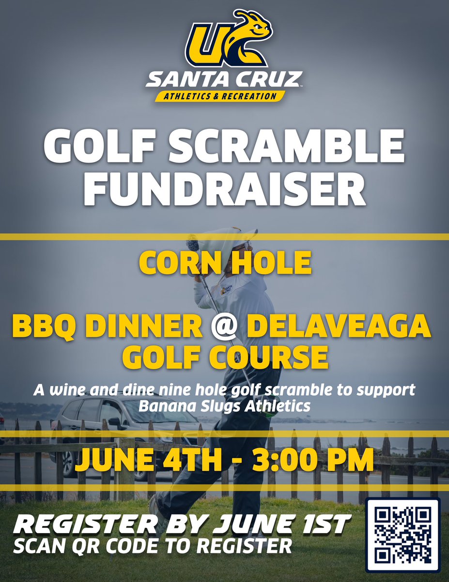 UCSCWSoccer's tweet image. Calling all 🍌🐌 friends, family, alums, and fans. Join us for golf, corn hole and BBQ and support @UCSCAthletics #goslugs #noknownpredators campusrec.ucsc.edu/Program/GetPro…