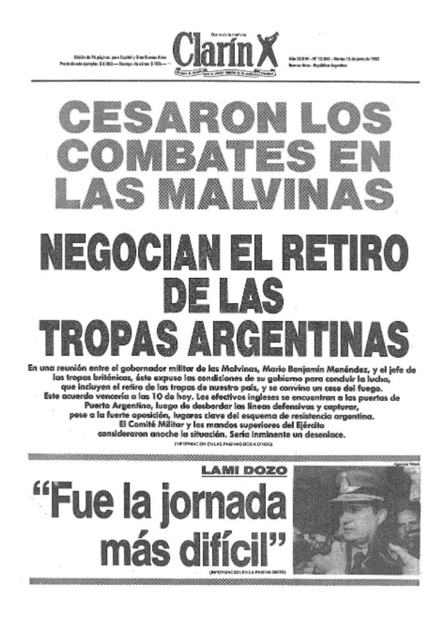 MalvinasArg40's tweet photo. 🗞️ La tapa de hoy, 15 de junio de 1982, con los temas importantes del día. https://t.co/0mUarKhpkN