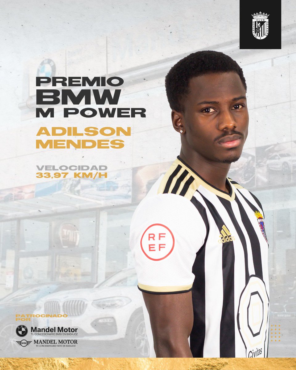 CDBadajoz's tweet photo. ¡Efectivamente! ¡Adilson fue el jugador que alcanzó la máxima velocidad 💨durante el #BadajozCeltaB con casi 34km/h!
Enhorabuena por conseguir el PREMIO BMW M POWER de la última jornada🏆👏🏻
Patrocina #MandelMotor 🚘 https://t.co/WHQ8jdiiB8