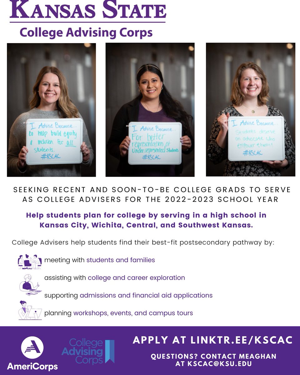 Looking for a way to give back to your community or invest in the lives of young people? You could help high school students plan for their future! 

The K-State College Advising Corps is hiring recent or soon-to-be college grads now! Learn more &amp; apply at k-state.edu/kscac
