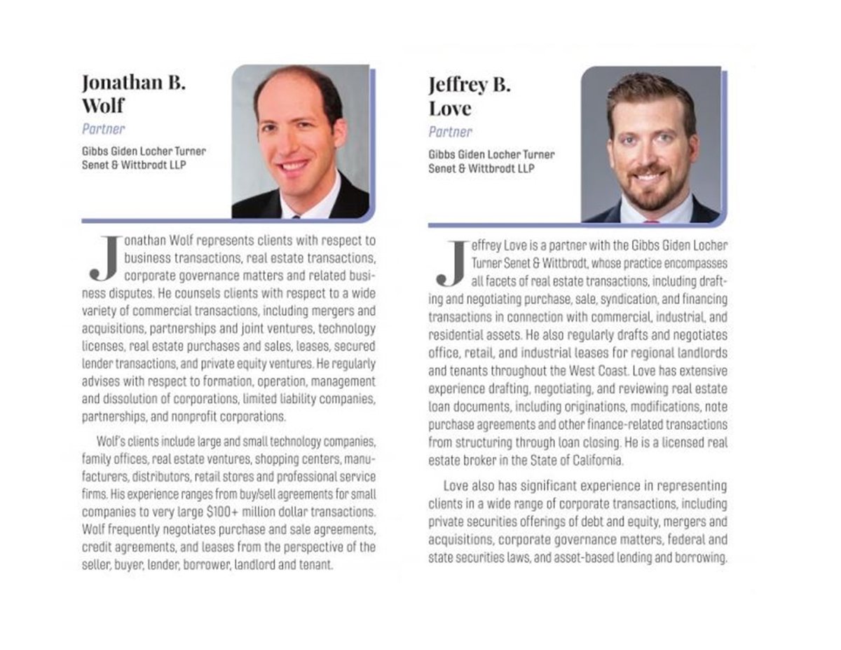 GibbsGiden's tweet photo. We congratulate partners Jonathan Wolf and Jeffrey Love for being named “2022 Visionaries” in the LA Times B2B Publishing Commercial Real Estate Magazine. 
#realestate #commercialrealestate #visionary #congratulations #lawyer #lawpractice https://t.co/OIlFRA5WY0