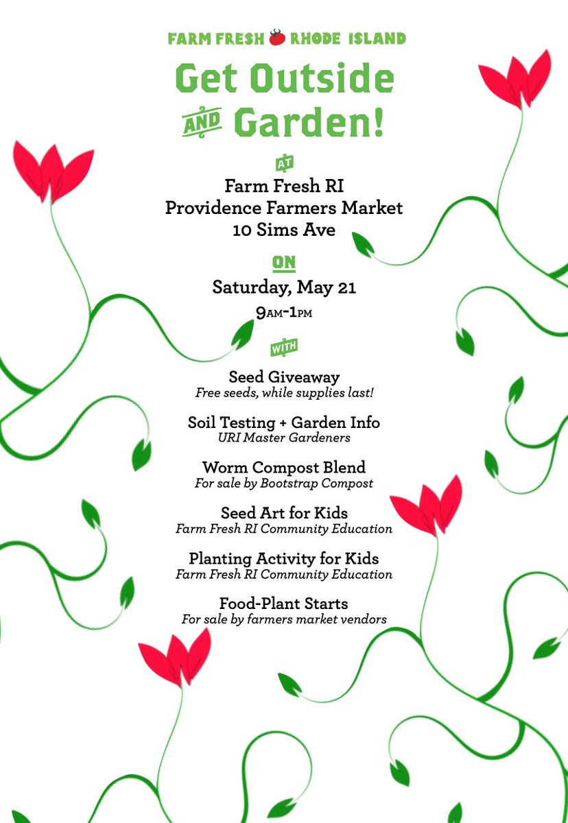 FarmFreshRI's tweet photo. Stop at the #FarmersMarket  Sat 9-1 for free #seeds, #SoilTesting &amp; info from #URIMasterGardeners, #WormCompost from #BootstrapCompost, seed art &amp; planting activity from our Community Education team, + all the great plant starts for sale from local farmers! #10SimsAve #PVD https://t.co/RDx2Omfxeu