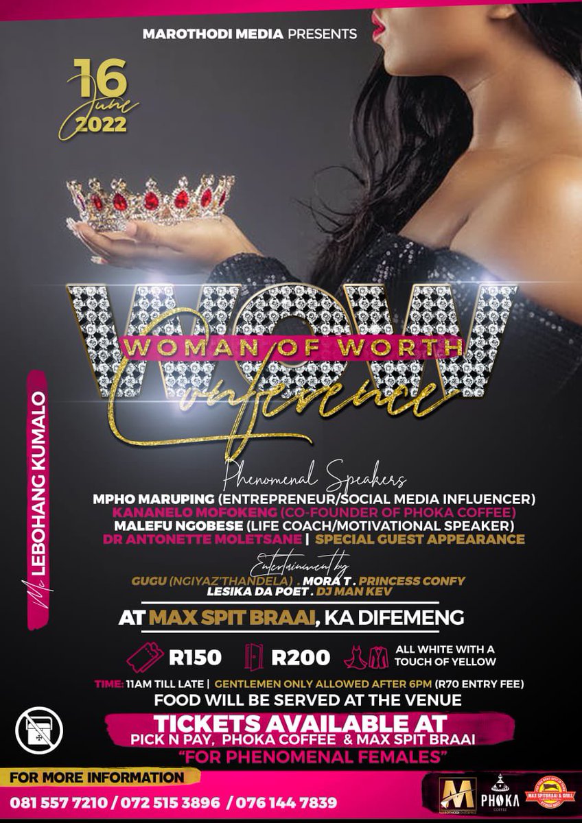 RealManKev's tweet photo. Join me and my team on the 12th June at Max Spit Braai Ka Difemeng Qwa Qwa. We will be hosting Woman’s Conference( Woman Of Worth) 
Tickets are available at your nearest Pick N Pay. 
Men are also allowed but only after 18:00 https://t.co/ywhzQyulze