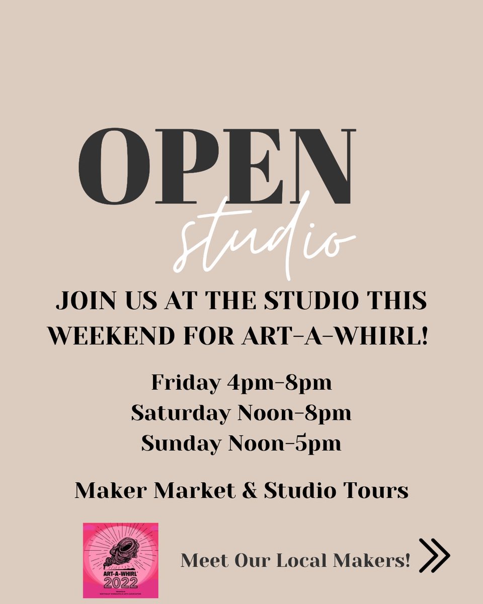 StudioQMpls's tweet photo. We are so excited to be open to the public for Art-A-Whirl this year and finally welcome guests into our studio space to support local makers! ⁠
⁠
* 5/20 - 4pm-8pm⁠
* 5/21 - 12-8pm⁠
* 5/22 - 12-5pm⁠
⁠
@sebestaapothecary⁠
@functionalheirlooms⁠
@fuzzbuttboutique⁠ https://t.co/apF3EGwslP