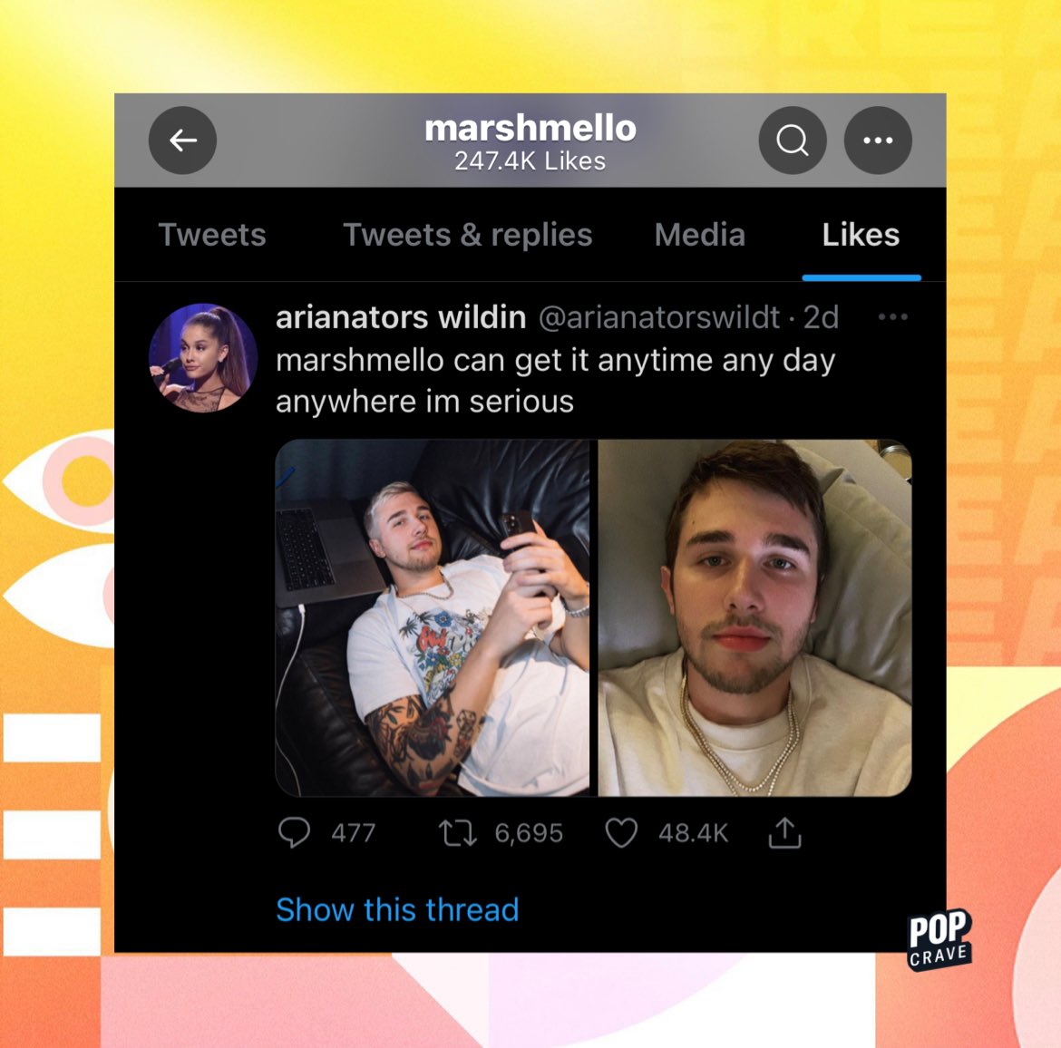 PopCrave's tweet photo. Marshmello likes viral tweet praising his unmasked appearance. https://t.co/FuN9I5mHA0
