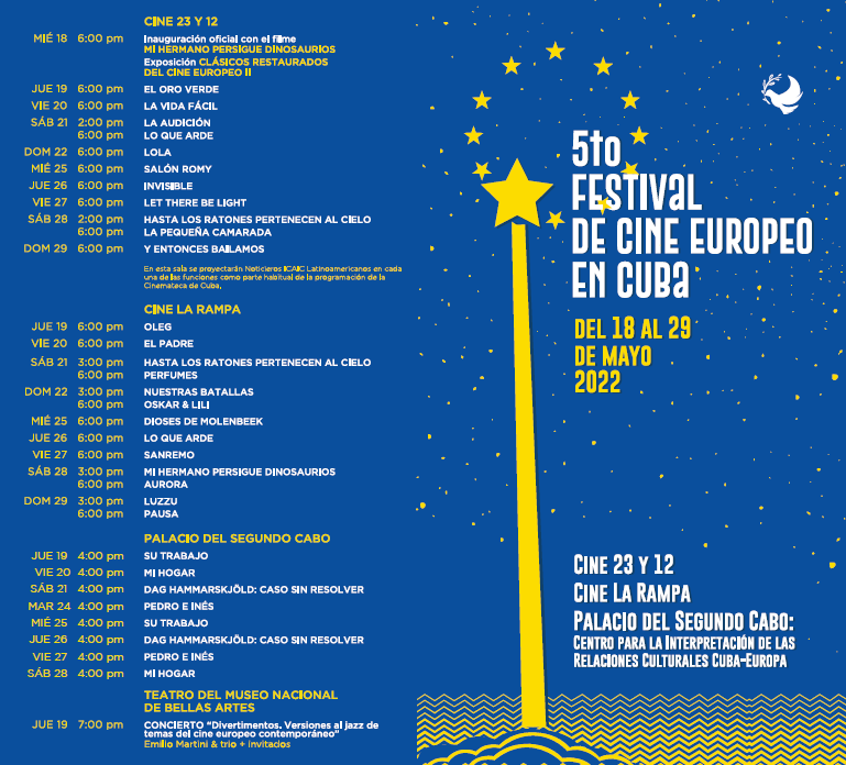 Varios países de la Unión Europea (UE) realizan festivales, semanas o muestras en🇨🇺. Son clásicos el Festival de Cine🇫🇷, la Semana de Cine🇪🇸, pero la idea del Festival de Cine Europeo se inscribe como un puente entre el cine contemporáneo del viejo continente y la Isla.