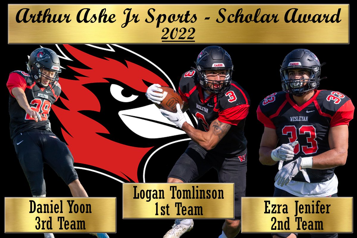 Wes_Football's tweet photo. Congratulations to SO K Daniel Yoon (@D_Yoon1), SR WR Logan Tomlinson (@LoganTomlinson_) and SR TE Ezra Jenifer (@EzraJenifer) on being named to the 2022 Arthur Ashe Jr. Sports-Scholar team! Leaders on and off the field. @DiverseIssues 🔴⚫️🔴⚫️ #RollCards https://t.co/QD0nQY1JiW