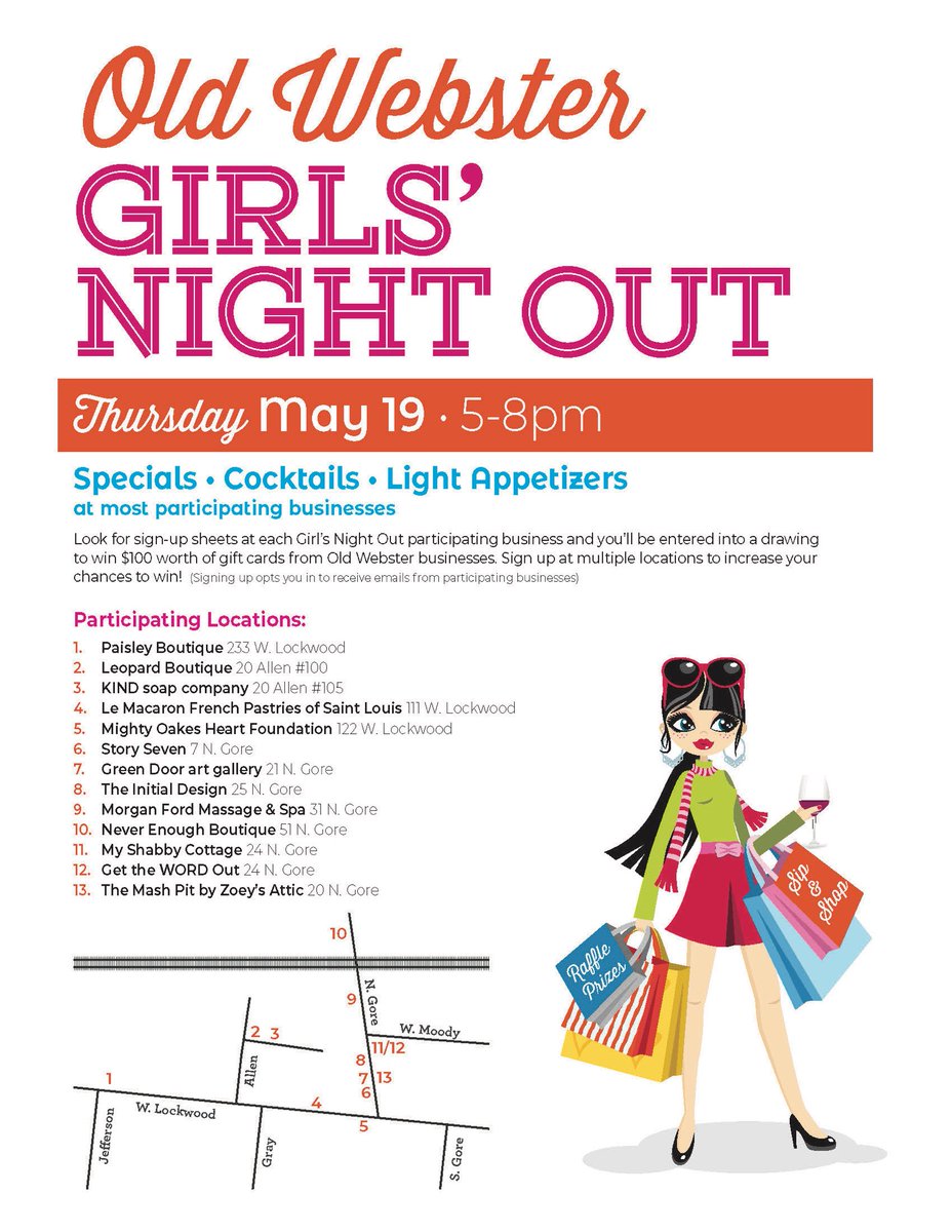 Only 2 more sleeps until the Spring #GirlsNightOut - May 19th 5-8pm in #OldWebster (Downtown Webster Groves).

#GNO #ShopLocal #SipandShop #ShopSmall #SupportLocal #WebsterGroves #StL #StLouis #314StL #63119 #MainStreet #Shopping #SupportSmallBusiness #WG