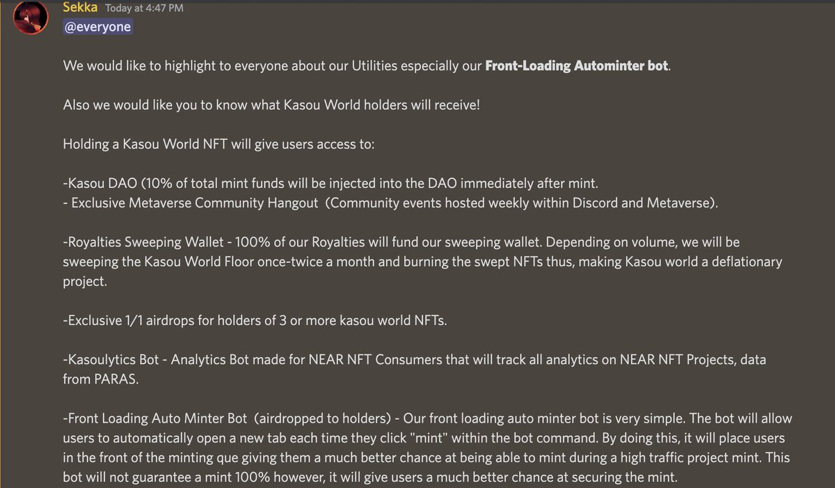 xanaa_online's tweet photo. Some highlights of the benefits that @Kasou_World NFT holders can expect to receive by our founder @Plague_Ch. Mint date will be around the end of the month! https://t.co/nsZ809qzaM