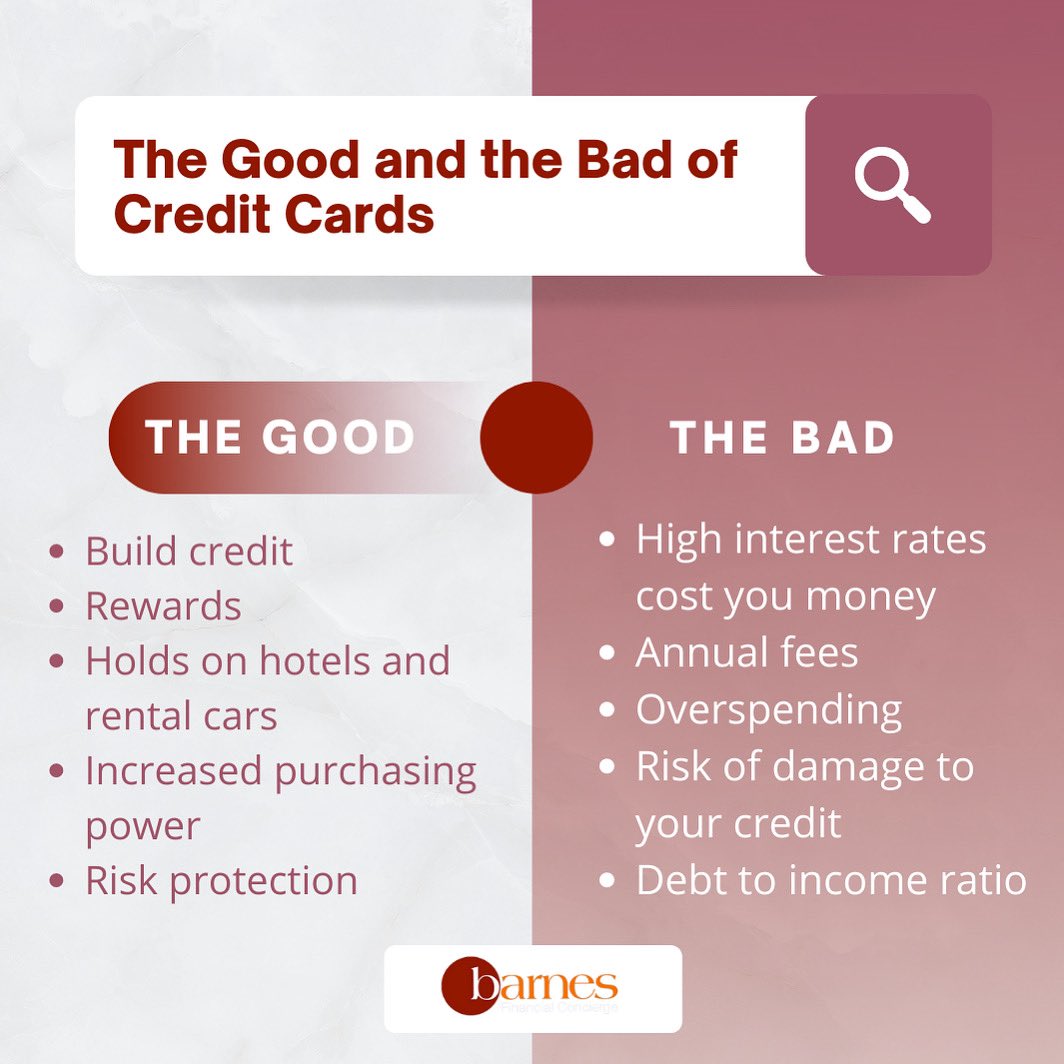 BarnesFinancial's tweet photo. Credit cards like many things have the good and the bad, here are some of them! What are your thoughts?

#finance #financialadvice #financialindependence #financialadvisor #creditrepair #credittips #financialtips  #creditcard #buildingcredit https://t.co/T31jTUsIxv