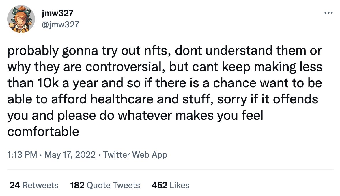 Dogetoshi's tweet photo. Artist explores NFTs to better their life and has already received a bid worth their yearly income on their first mint.

You love to see it.

P.S. look at the rage quote tweets https://t.co/f2MsP7532u