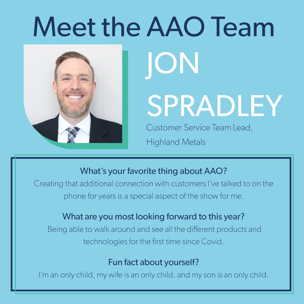 HighlandMetals's tweet photo. Customer Service Team Lead Jon Spradley will be attending the AAO Annual Session in Miami, Florida to answer all your Highland Metals questions at booth #2034.
Jon is excited to meet with customers face-to-face again at our first in-person AAO show since 2019. https://t.co/kCYJYohOp2