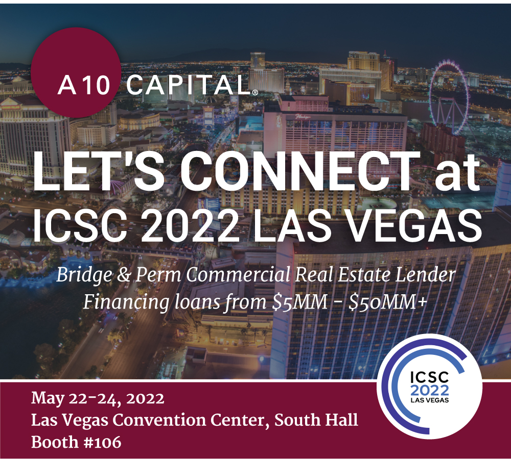 A10Capital's tweet photo. A10 Capital is looking forward to connecting with commercial real estate professionals at ICSC 2022 in Las Vegas. See us at Booth #106 at the entrance of the South Hall! 

We look forward to connecting with you soon! 

#CommercialRealEstate #CRE #A10Capital https://t.co/WIycqxCOBC