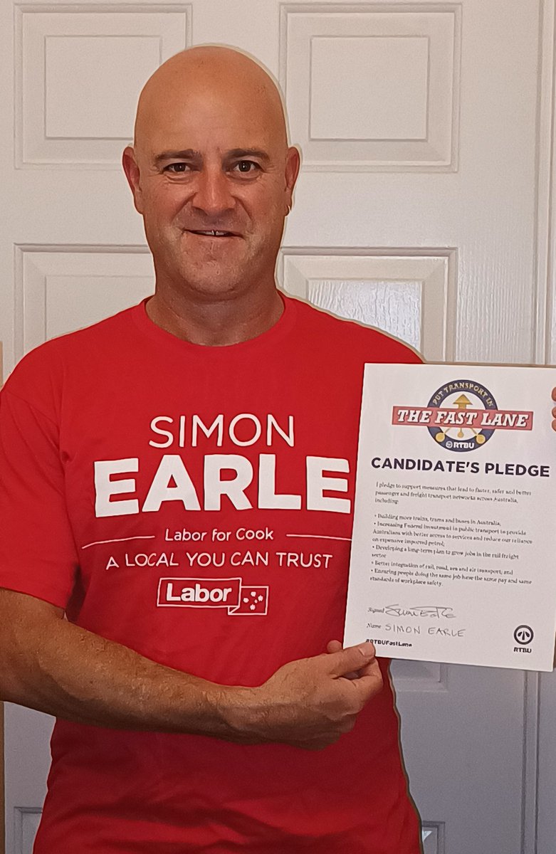 RTBUnion's tweet photo. Labor candidate for Cook @SimonEarleLabor runs a training organisation for transport workers, so he gets our industries & understands why we need better integration of rail, road, sea & air transport. It's no surprise that he has endorsed the #RTBUFastLane pledge! #AusVotes2022 https://t.co/TvDbiobQ1S