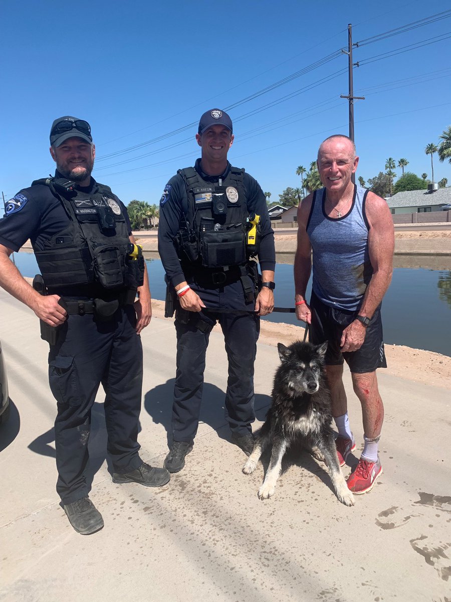 Shout out to Tempe resident “Salty” Thompson and our patrol officers for saving this pup from downing in the canal today! Thank you to all the other bystanders who jumped into action to rescue her. The dog is safe with <a href="/LostOurHome/">Lost Our Home</a> and in need of a loving home! Great work!