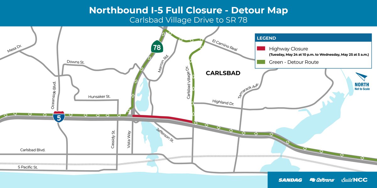 SDCaltrans's tweet photo. #BuildNCCAlert: ALL NB I-5 lanes from Carlsbad Village Dr. to SR-78 will CLOSE Tuesday from 10pm to 5am @CarlsbadCAGov. This closure will allow Caltrans and @SANDAG #BuildNCC crews to temporarily relocate overhead sign structures. https://t.co/uV4q6Ln0hA