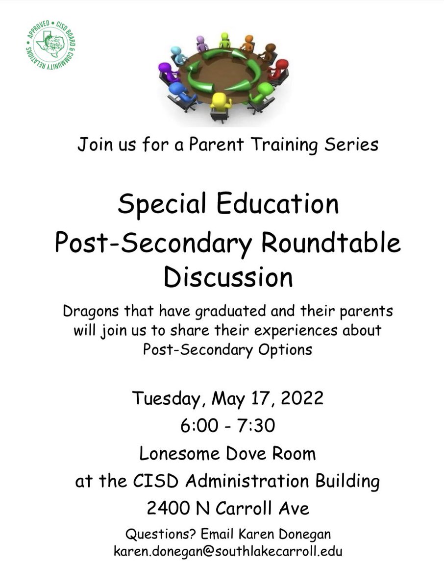Join us tonight for our Parent Training Series! Many of our graduated Dragons will be there to talk via roundtable about their Post Secondary Options and Experiences. We can’t wait to see you there! <a href="/Carrollisd/">Carroll ISD</a>