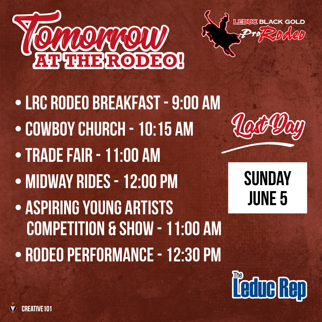 Sadly, tomorrow is the last day for our 2022 Rodeo. 😭 Don't miss more pancakes, supporting local businesses at the Trade Fair, the midway rides or the Pro Rodeo Riders! 🤠

#LeducBlackGoldRodeo #LeducRodeo #SupportLeduc #ThingsToDoInLeduc #LeducBlackGoldRodeo2022 #LeducEvents