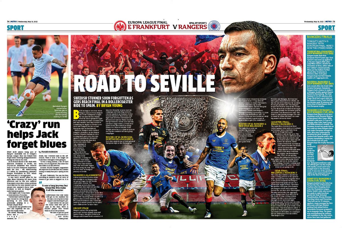 MetroScotSport's tweet photo. Tomorrow's Metro is a #europaleaguefinal special as Rangers prepare to take on Eintracht Frankfurt for the trophy

#RangersFC Seville #EintrachtFrankfurt #tomorrowspaperstoday #scotpapers #bbcpapers #skypapers https://t.co/av0kBfqy0p