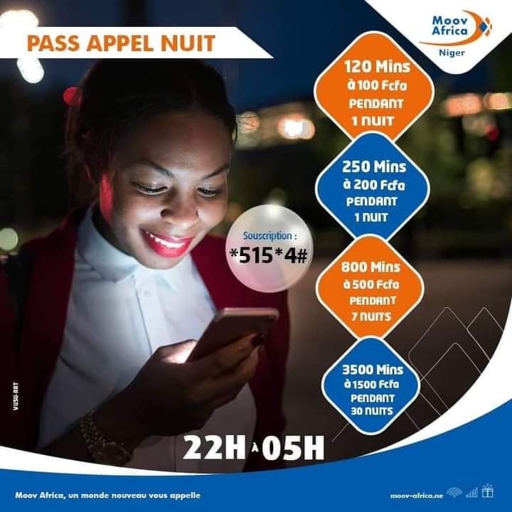 MoovAfricaNiger's tweet photo. #ForfaitsNuit
Avec les forfaits appels nuit, communiquez de 22h à 05h à moindre coût avec vos proches.
100Fcfa pour 120Minutes
200Fcfa pour 250Minutes
500Fcfa pour 800Minutes
1500Fcfa pour 3500Minutes
Il suffit de taper *515*4#. Minutes valables vers Moov
#RéseauDeLaGénérosité https://t.co/02cLnTIvMU