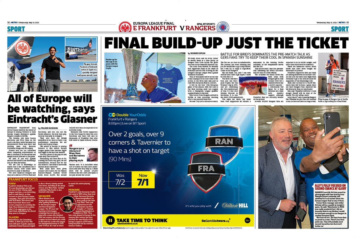 MetroScotSport's tweet photo. Tomorrow's Metro is a #europaleaguefinal special as Rangers prepare to take on Eintracht Frankfurt for the trophy

#RangersFC Seville #EintrachtFrankfurt #tomorrowspaperstoday #scotpapers #bbcpapers #skypapers https://t.co/av0kBfqy0p