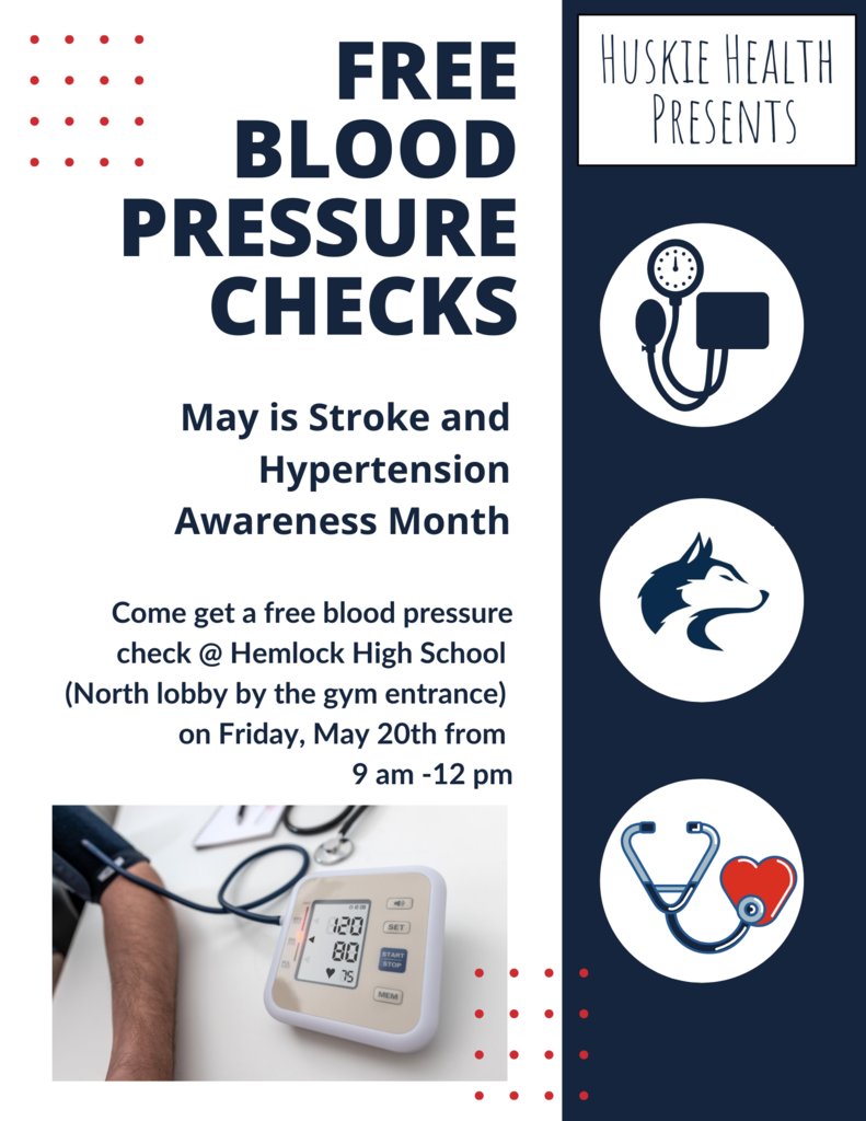 Today is #WorldHypertensionAwareness day! HPSD is offering FREE blood pressure checks at Hemlock High School on Friday, May 20th from 9am-12pm. #Share #HuskieHealth