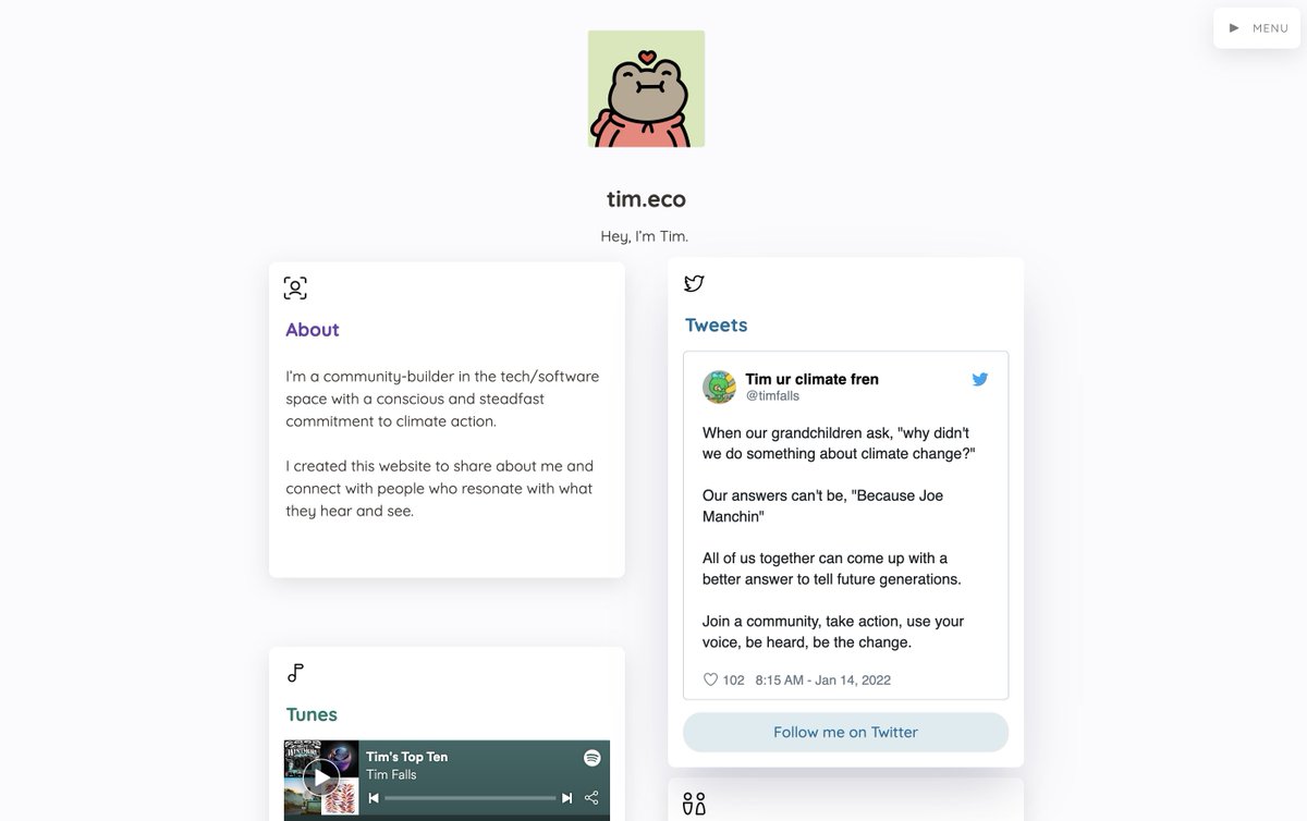 Excited about <a href="/mankins/">matt mankins</a> integration of <a href="/NotionHQ/">Notion</a> + <a href="/UnlockProtocol/">Ʉnlock Protocol</a>, I spent all weekend re-designing my website, which is built w/ Notion + <a href="/super_/">Super</a>. 

Featuring art by <a href="/disrobot_/">Valdis Ghaffar</a> ; using @yusufgiftworks Watashi template (thx frens!)

What do u think about tim.eco?